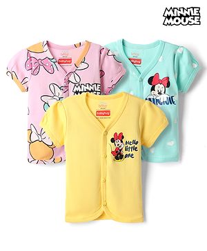 Babyhug Disney Cotton Knit Half Sleeves Jhablas With Minnie Mouse Family Graphics Pack of 3 - Yellow, Aqua & Pink