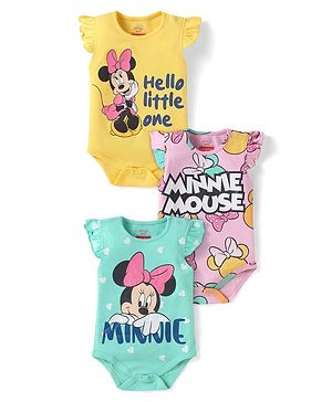Babyhug Disney Interlock Knit Frill Sleeves Onesies With Minnie Mouse Family Graphics Pack Of 3 - Yellow & Plum