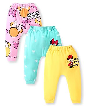 Babyhug Disney Interlock Knit Full Length Diaper Leggings With Minnie Mouse Family Graphics Pack Of 3 - Pink Light Blue & Yellow