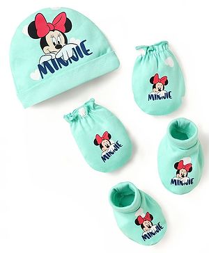 Babyhug Disney 100% Cotton Cap Mittens & Booties Set With Minnie Mouse Graphics Turquoise - Diameter 10 cm