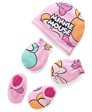 Babyhug Disney Interlock Knit Cap Mittens & Booties Set With Minnie Mouse Graphics Pink - Diameter- 15