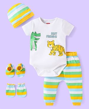 Babyhug 100% Cotton Half Sleeves Onesies with Leggings & Cap Mittens Booties With Stripes & Animal Print - White & Yellow