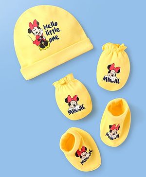 Babyhug Disney Interlock Knit Cap Mittens & Booties Set with Minnie Mouse Print Yellow - Diameter 9 cm