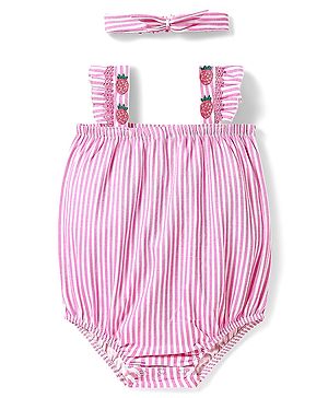 Babyhug 100% Cotton Knit Sleeveless Striped Onesie With Headband - Pink
