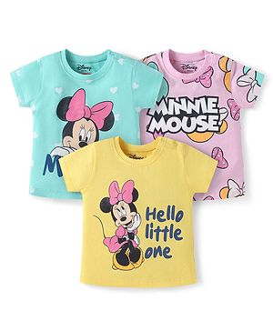 Babyhug Disney Single Jersey Knit Half Sleeve T-Shirts Pack Of 3 With Minnie Mouse Family Graphics - Yellow & Plum