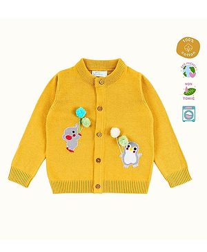 Greendeer 100% Cotton Full Sleeves Animals Embroidered Pompom Embellished Sweater - Mustard