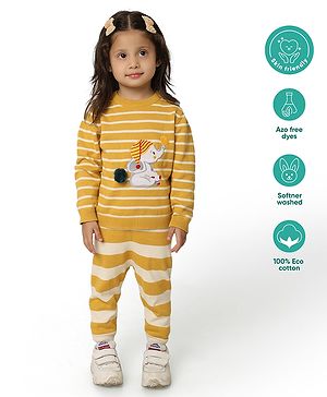 Greendeer 100% Cotton Full Sleeves Elephant Embroidered & Striped Sweater Set - Mustard