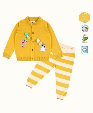 Greendeer 100% Cotton Full Sleeves Elephant Embroidered & Pom Pom Embellished Sweater Set - Mustard
