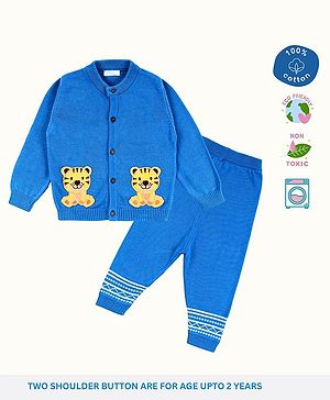 Greendeer 100% Cotton Full Sleeves Tiger Embroidered Sweater Set - Greek Blue