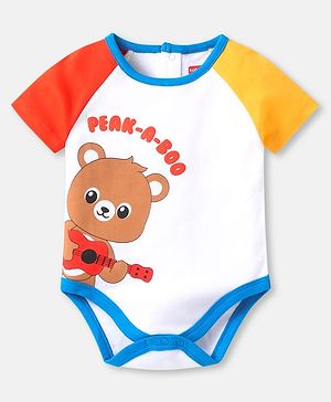 Babyhug Interlock Knit Half Sleeves Onesie With Bear & Peak-A- Boo Text Print - White Red & Yellow