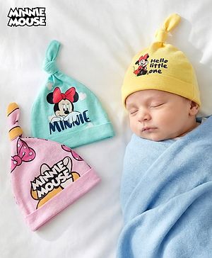 Babyhug Disney Interlock Knit Knot Cap With Minnie Mouse Graphics Pack Of 3 - Yellow Light Blue & Pink - Diameter 18cm