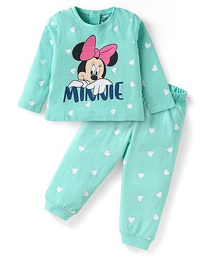 Babyhug Disney Single Jersey Knit Full Sleeves Night Suit With Minnie Mouse Family Graphic - Turquoise