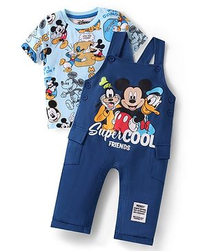 Babyhug Disney Single Jersey Knit Dungaree & Half Sleeves T-Shirt With Mickey Mouse Graphics - Navy Blue