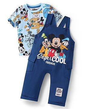 Babyhug Disney Single Jersey Knit Dungaree & Half Sleeves T-Shirt With Mickey Mouse Graphics - Navy Blue
