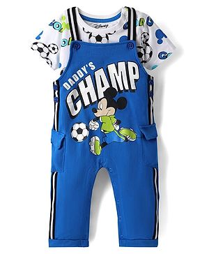 Babyhug Disney Single Jersey Knit Half Sleeve T-Shirts & Dungarees Set With Mickey Mouse Family Graphics - Blue