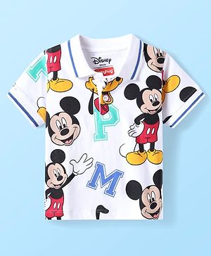 Babyhug Disney Single Jersey Knit Half Sleeves Polo T-Shirt With Mickey Mouse Family Print - White