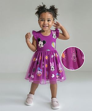 Babyhug Disney Single Jersey Knit Frill Sleeves Frock With Minnie Mouse Family Print - Purple