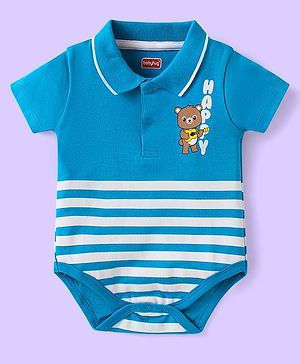 Babyhug 100% Cotton Knit Half Sleeves Collared Onesie with Bear Print & Stripes - Blue