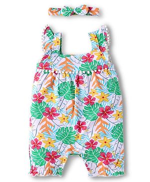 Babyhug Interlock Knit Sleeveless Romper & Head Band with Floral Print - White & Green
