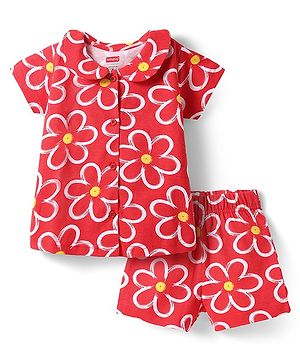 Babyhug Cotton Knit Half Sleeves Peter Pan Collared Co-ords Shorts Night Suit with Floral Print -Red