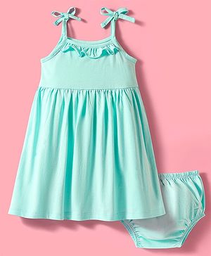 Babyhug Single Jersey Knit Sleeveless Solid Color Frock & Bloomer with Frill Detailing - Aqua Blue