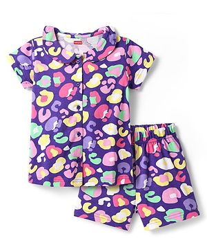 Babyhug Cotton Knit Half Sleeves Peter Pan Collared Co-ords Shorts Night Suit with Abstract Print - Purple