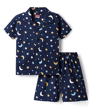 Babyhug Cotton Knit Half Sleeves Co-ords Short Nightsuit with Star & Moon Print - Navy Blue