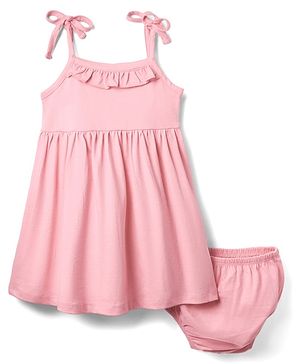 Babyhug Single Jersey Knit Sleeveless Solid Color Frock & Bloomer with Frill Detailing - Pink