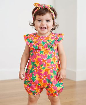 Babyhug Cotton Knit Frill Sleeves Mid Thigh Romper & Hairband with Floral Print & Frill Detailing -  Pink & Yellow