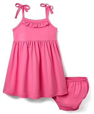 Babyhug Single Jersey Knit Sleeveless Solid Color Frock & Bloomer with Frill Detailing - Dark Pink