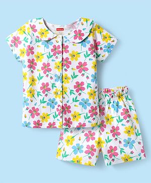 Babyhug Cotton Knit Half Sleeves Co-ords Peter Pan Collared Front Open Shorts Night Suit with Floral Print - White