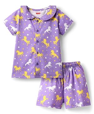 Babyhug  Cotton Knit Half Sleeves Front Open Shorts  Co-ord Night Suit With Unicorn Print - Purple