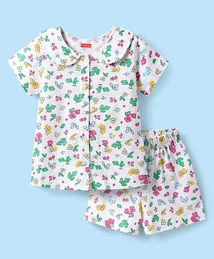 Babyhug Cotton Knit Half Sleeves Co-ords Peter Pan Collared Front Open Shorts Night Suit with Tropical Theme Print - White