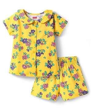 Babyhug Cotton Knit Half Sleeves Peter Pan Collared Co-ords Shorts Night Suit with Floral Print - Yellow