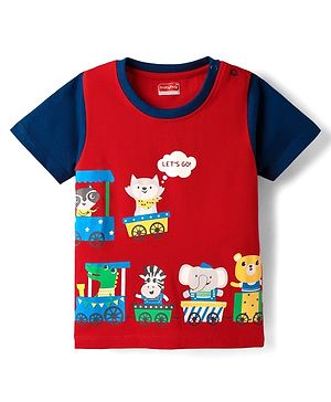Babyhug Cotton Knit Half Sleeves T-Shirt with Animal Print - Red