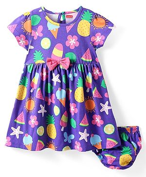 Babyhug Cotton Single Jersey Knit Half Sleeves Tropical Print Frock with Blooomer with Bow Applique - Purple