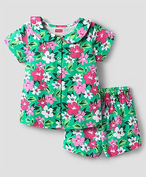Babyhug Cotton Knit Half Sleeves Co-ords Peter Pan Collared Front Open Shorts Night Suit with Floral Print - Green