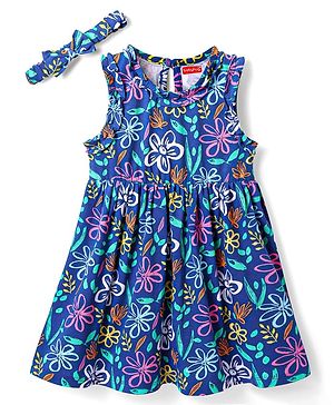 Babyhug Single Jersey Knit Sleeveless Frock & Head Band Floral Print - Blue