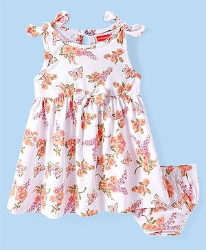 Babyhug Cotton Woven Sleeveless Frock with Bloomer and Floral Print -  White & Beige