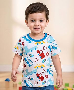 Babyhug Cotton Knit Half Sleeves T-Shirt with Vehicle Print - White