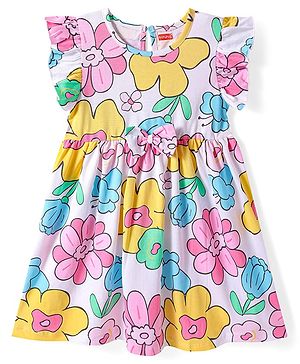 Babyhug Cotton Knit Frill Sleeves Dress With Floral Print & Bow Applique - White