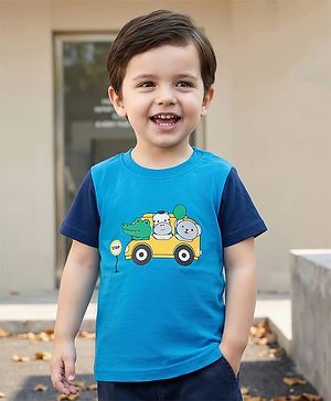 Babyhug Cotton Knit Half Sleeves T-Shirt With Vehicle Print - Blue