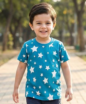 Babyhug Cotton Knit Half Sleeves T-Shirt with Star Print - Blue