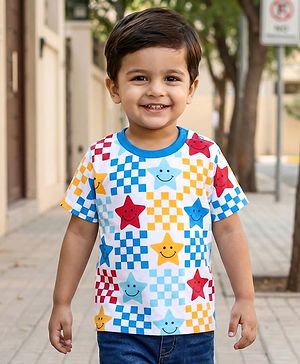 Babyhug Cotton Knit Half Sleeves T-Shirt with Star Smiley Print - White