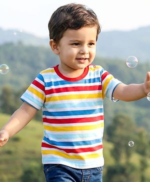 Babyhug Cotton Knit Half Sleeves T-Shirt with Stripes - White