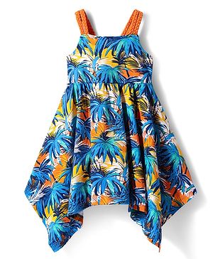 Babyhug Cotton Woven Sleeveless Handkerchief Hem Frock with Tropical Theme Print - Navy Blue