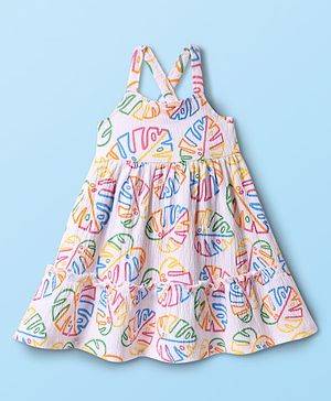 Babyhug Cotton Woven Sleeveless Frock with Leaves Print - White