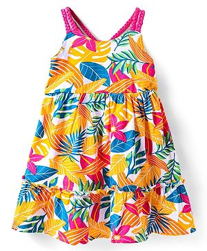 Babyhug Cotton Woven Sleeveless Frock with Tropical Theme Print - Yellow Pink & Blue
