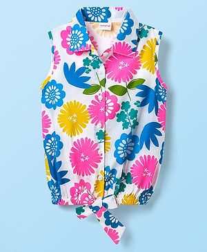 Babyhug Cotton Knit Sleeveless Knotted Top with Floral Print - White