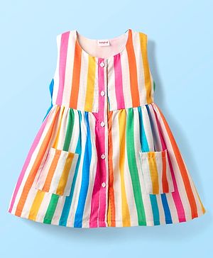 Babyhug Cotton Woven Sleeveless Front Open Frock With Stripes & Pockets - Multicolour
